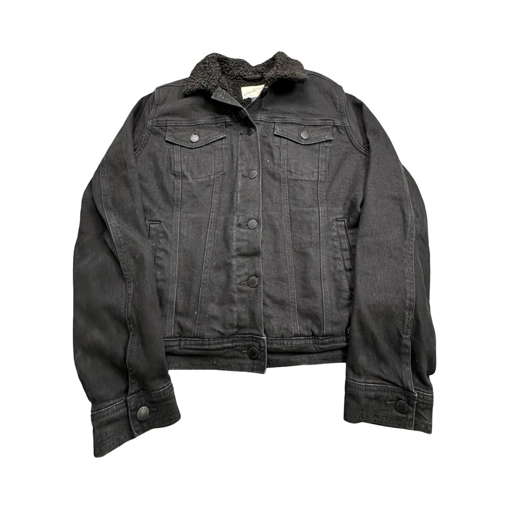Universal Thread Denim Jacket Womens M Black Sherpa Lined Trucker Faux Fur Trim